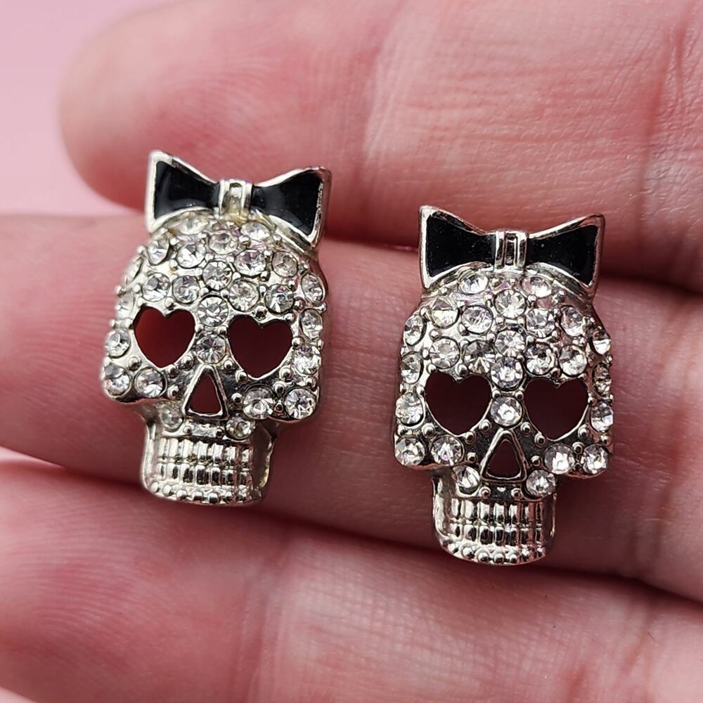 Silver Tone Rhinestone Skull Stud Earrings Black Bow Gothic Punk Halloween Pair